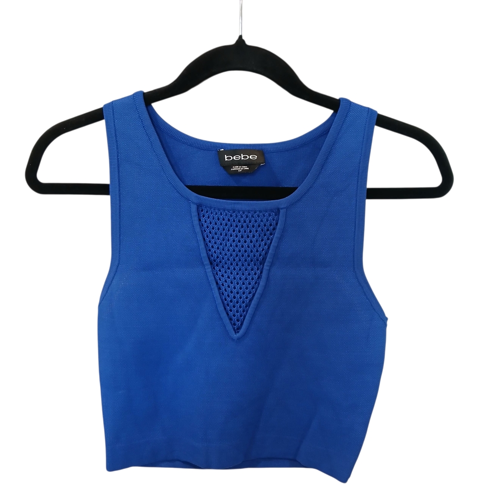 Bebe Womens Blue Sleeveless Sweater Tank Top Size Small Faux V-Neck Mesh Cropped